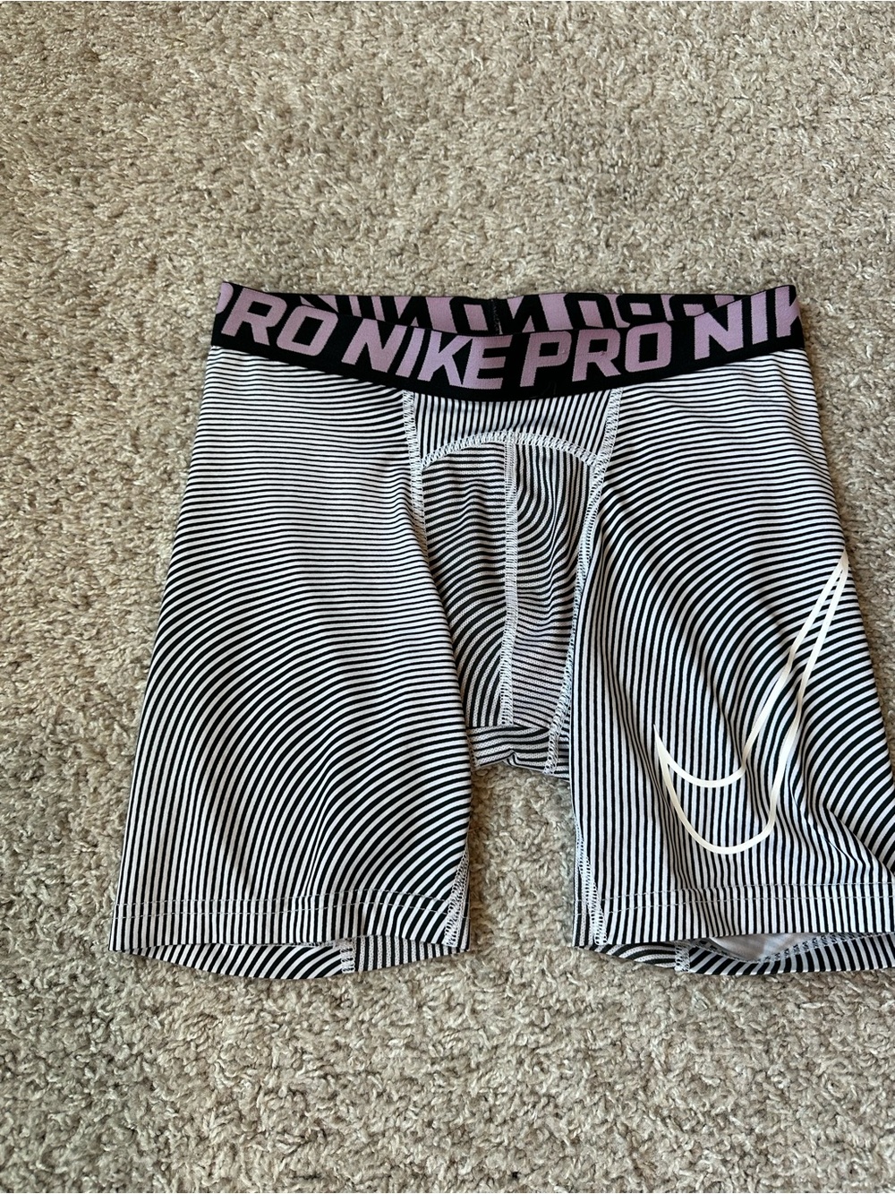Nike Black & White Striped Compression Shorts with Pink Logo Waistband